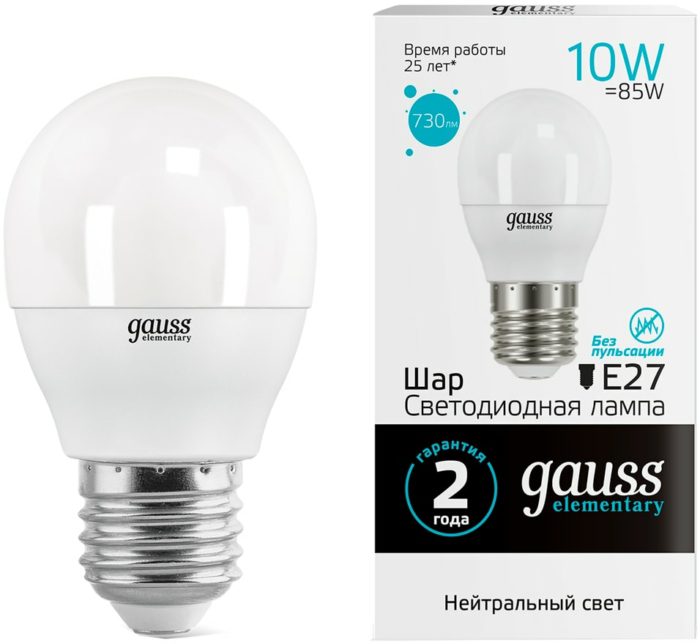 Лампа Gauss Elementary Шар 10W 730lm 4100K Е27 LED