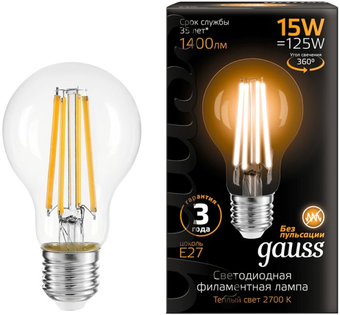 Лампа Gauss Filament А60 15W 1400lm 2700К Е27 LED