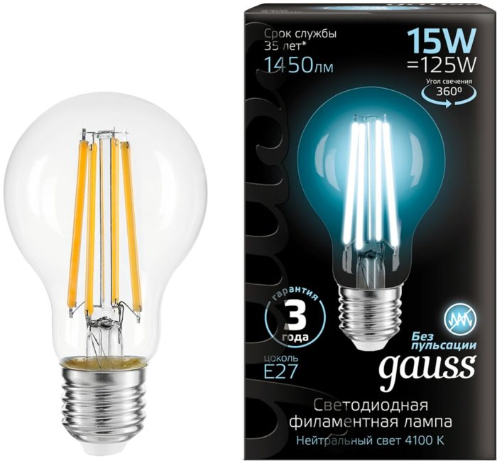 Лампа Gauss Filament А60 15W 1450lm 4100К Е27 LED