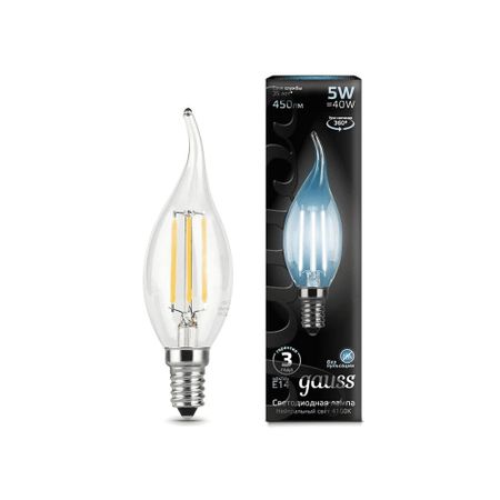 Лампа светодиодная филаментная Gauss E14 5 Вт свеча на ветру прозрачная 450 лм, теплый белый свет