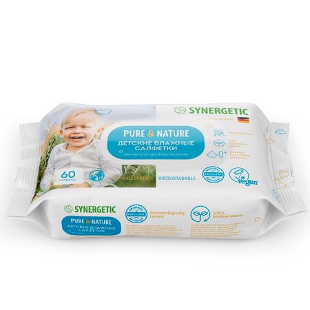 Гипоаллергенные детские влажные салфетки Synergetic Pure&Nature Пантенол и овсяное молочко, 60 шт