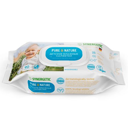 Гипоаллергенные детские влажные салфетки Synergetic Pure&Nature Пантенол и овсяное молочко, 90 шт