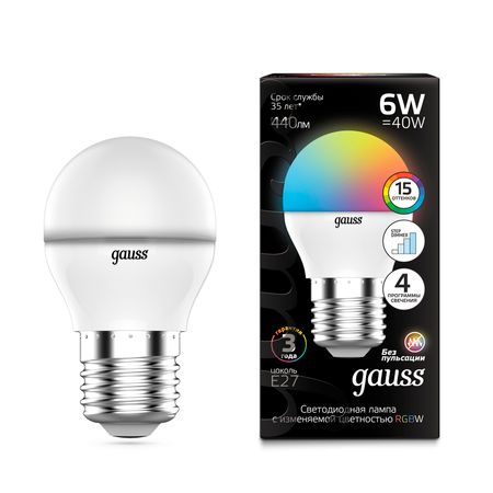 Лампа Gauss Шар G45 6W E27 RGBW+димирование LED 1/100