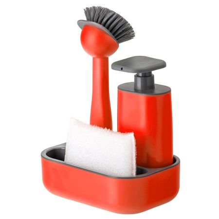 Набор для мытья посуды Vigar Rengo, красный, 4 предмета: щетка и губка для с дозатором на подставке