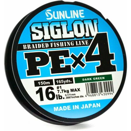 Плетенка, плетеный шнур для рыбалки SUNLINE SIGLON PE X4/150м/0,171мм #1/7,7кг 16lb/Цвет: Темн. Зеленый
