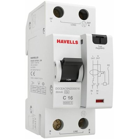Дифференциальный автоматический выключатель 1P+N 6kA C-16A 30 мА Тип A, 2М, Havells