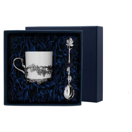 Чашка чайная с ложкой в футляре АргентА Серебро и Фарфор Тетерев 95,4 г, серебро 925