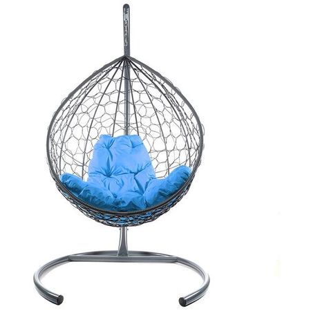 Подвесное кресло из ротанга "Капля" серое с голубой подушкой M-Group