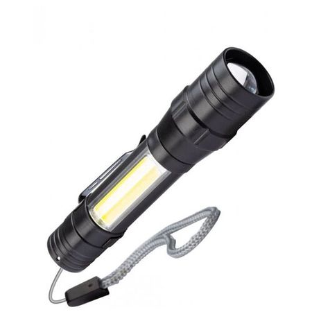 Фонарь аккумуляторный ручной LED 1Вт + COB 5Вт линза зум аккум. Li-ion 18650 1А.ч USB-шнур ABS-пластик | код.KOS113Lit | космос