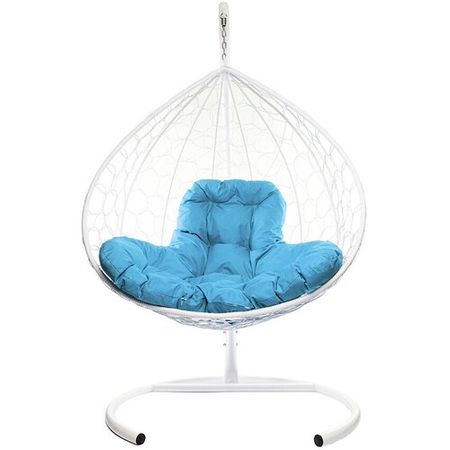Подвесное кресло из ротанга "XL" белое с голубой подушкой M-Group