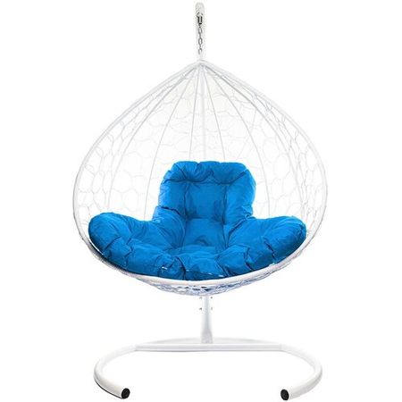 Подвесное кресло из ротанга "XL" белое с синей подушкой M-Group
