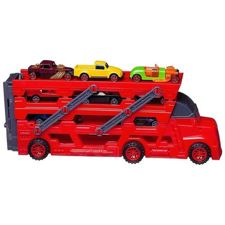 Машинка Junfa Автовоз-катапульта красный с 8 машинками и 12 фигурками динозавров WT-10566/красный