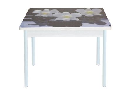 Стол обеденный поворотно раскладной фотопечать Симпл / бетон белый Орхидея на черных камнях / опора круглая муар